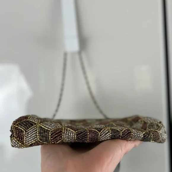 NWT MONI Couture Beaded Olive Green Amber Brown Formal Clutch With Bronze Accent - Picture 14 of 15